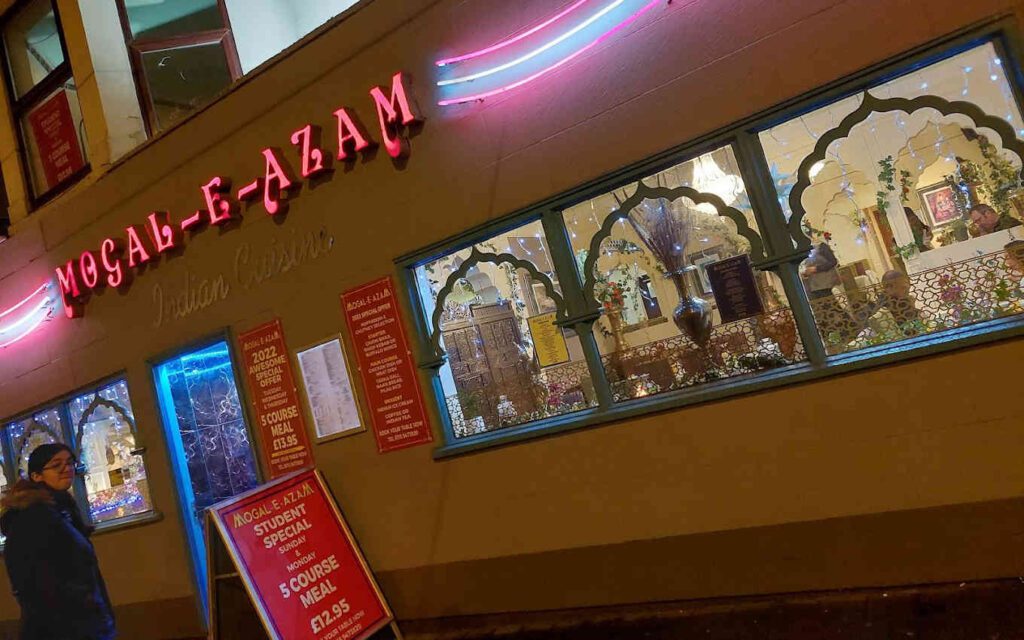 Outside night shot of Mogal-E-Azam restaurant